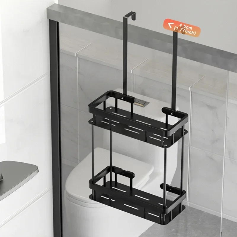 Bathroom Shelf Behind Door Punch-Free Hanging Black Layered Shower Toilet Supplies Storage Shelf with Back Hook