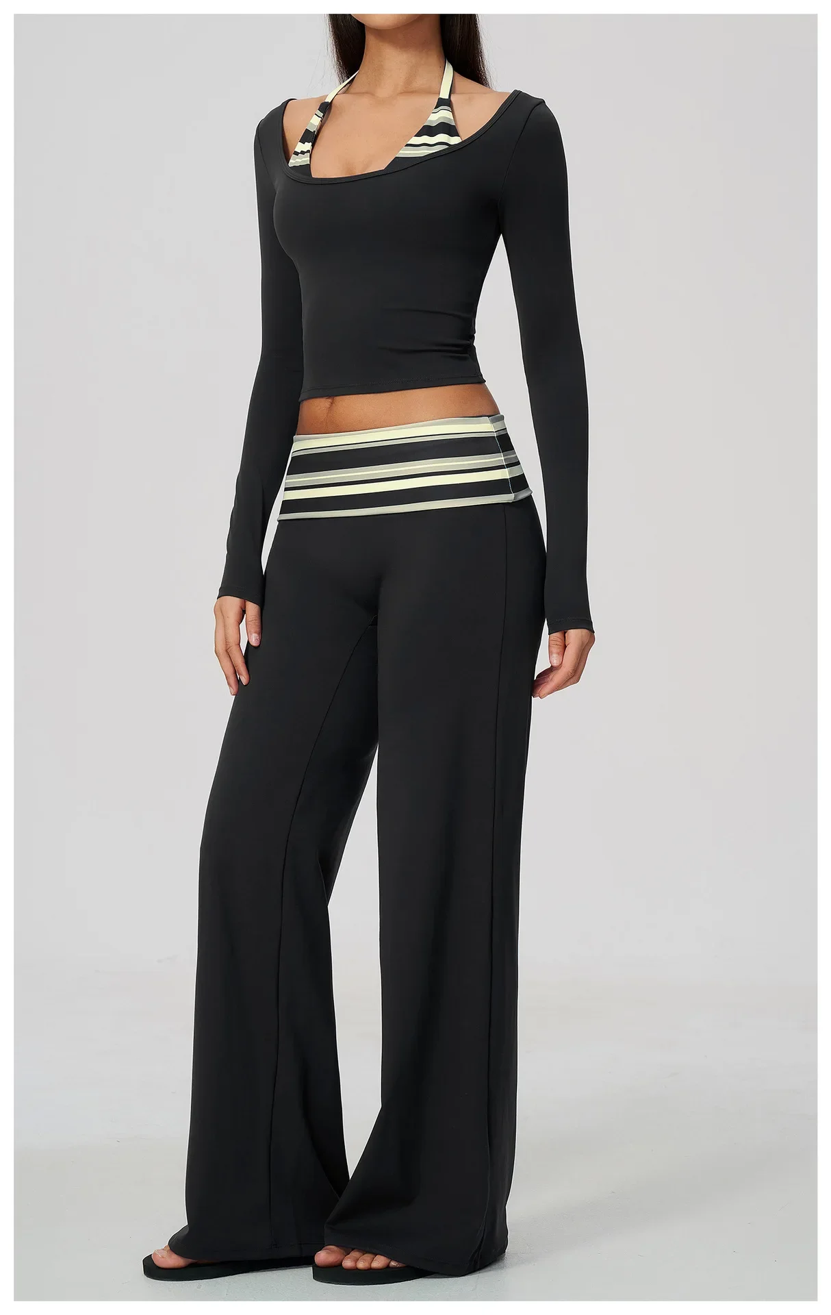 Damen 2-teiliges Yoga-Outfit, Langarm-Oberteil mit schmaler Passform, gestreifte, weit geschnittene Flare-Hose, Activewear-Set für Fitnessstudio, Training und Fitness – Detail 14