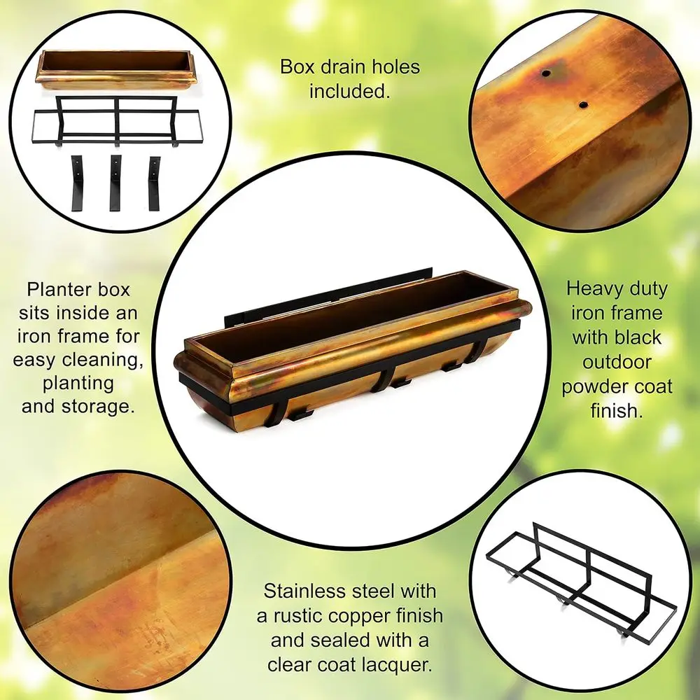 Window Box Lower Planter 36 Rustic Copper & Mounting Brackets | Outdoor Rectangular Plant Container with Drainage - Handcrafted