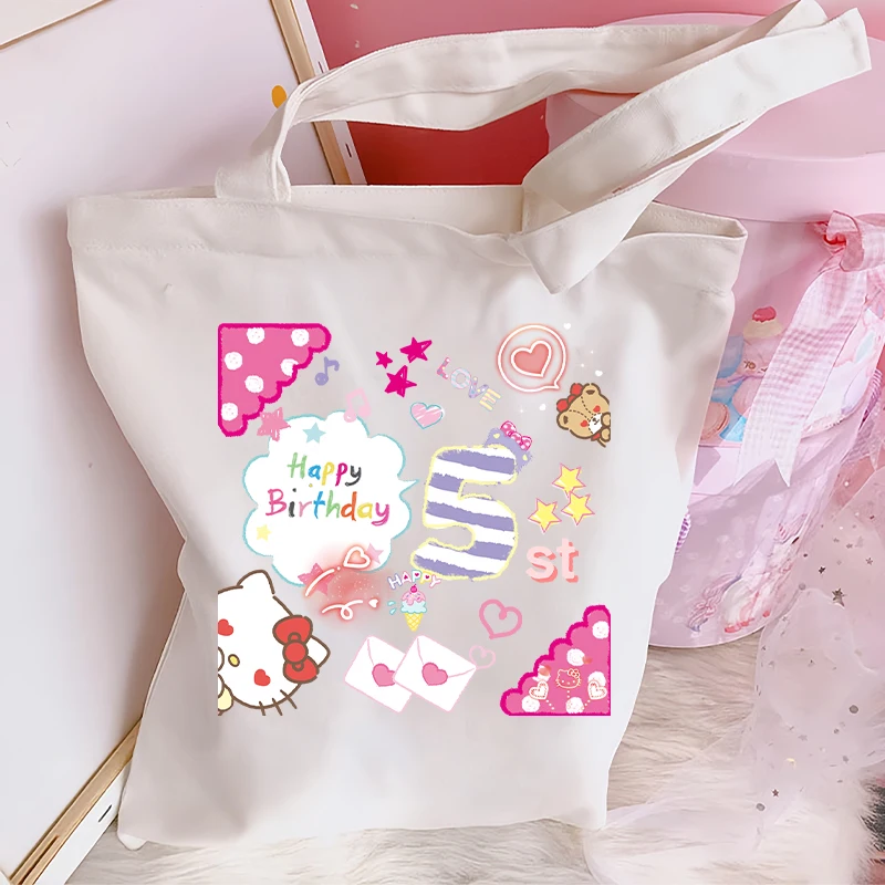 

Kawaii Hello Kitty, холщовая большая сумка с принтом на день рождения, девчачье сердце, аниме, милая большая вместительная сумка для покупок, подарки для детей