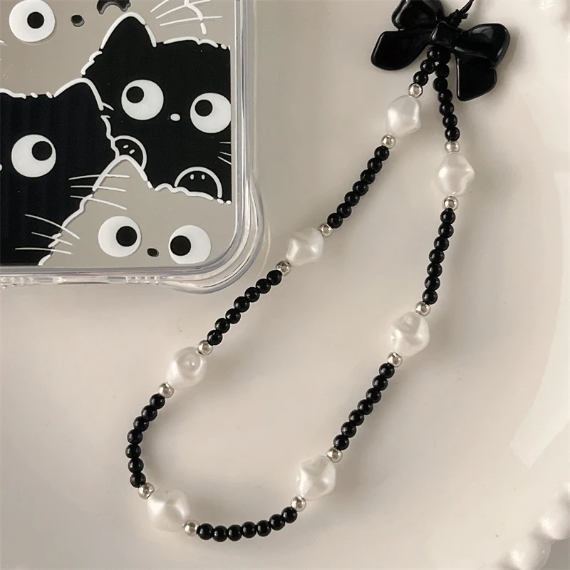 Korean Cute 3D Black Bow White Bead Beaded Phone Chain Charm Lanyard For iPhone DYM Hanging Rope Girl Jewelry Pendant Decoration