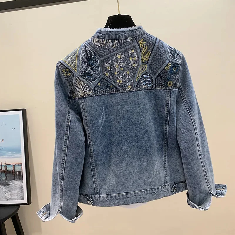 Women Dingzhu Sequin Denim Jacket 2025 New Korean Loose Fashionable Embroidered Cowboy Coat Female Spring And Autumn Denim Jacke - Image 3