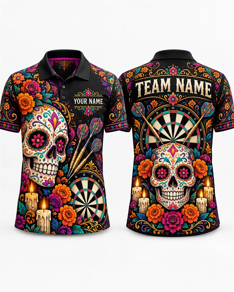 Personalized Darts Polo Shirt Men Team Name Galaxy Wolf Sugar Skull Steampunk Tropical Stag Print Short Sleeve Sports Jersey
