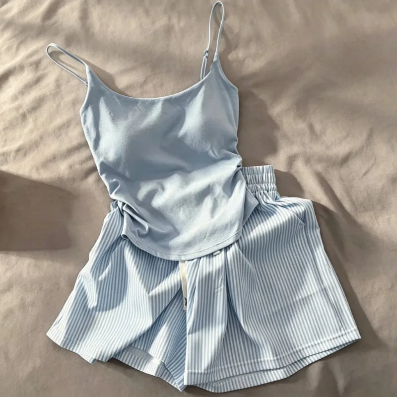 Sleepwear Set Light Blue Camisole Striped Shorts Women 2026 New Summer Pajamas Suit French Casual Daily Ladies Homewear Basic