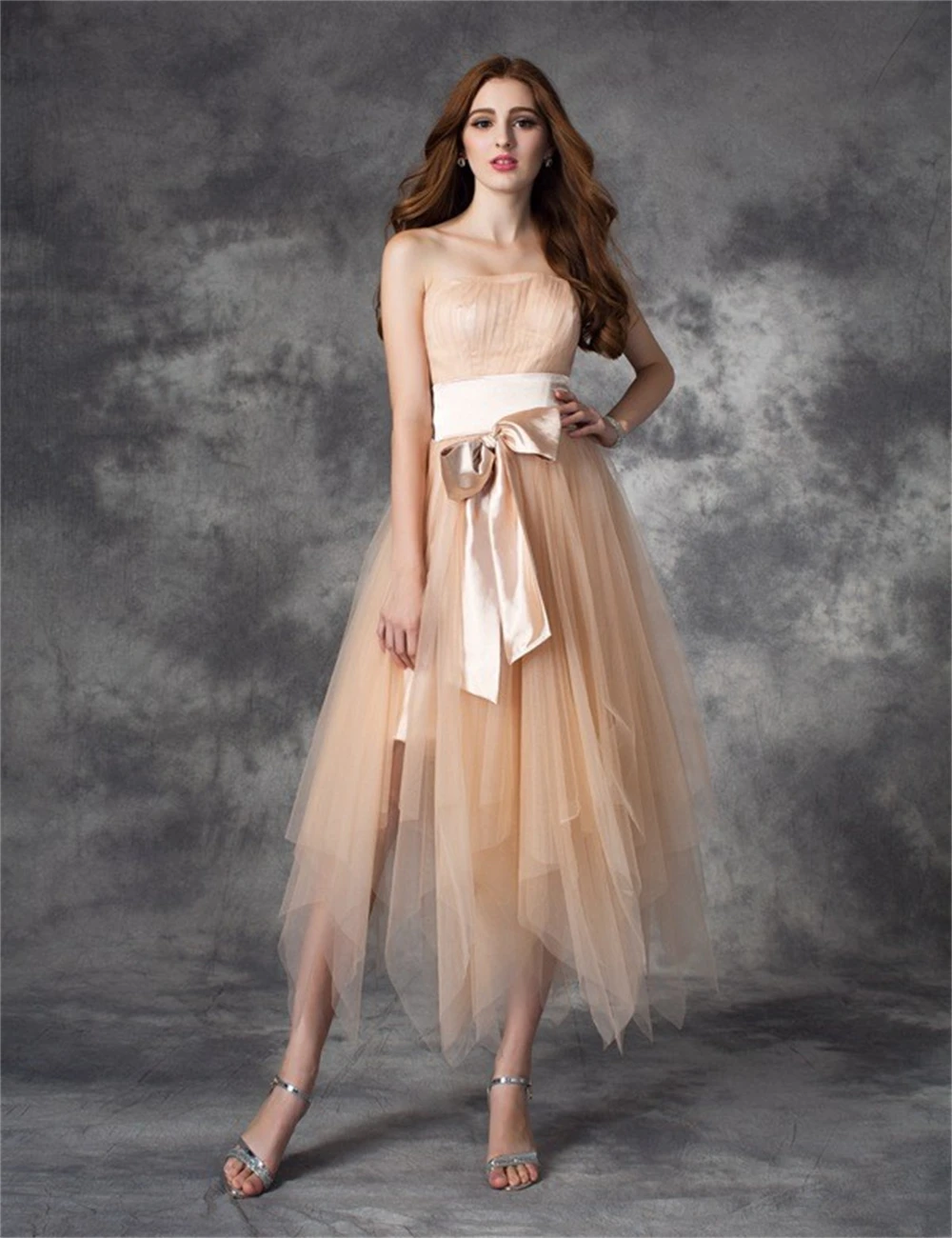 

Elegant A-Line Homecoming Dresses Champagne Customized Strapless Sleeveless Ankle-Length Elastic Satin with Bow Vestido De Noiva