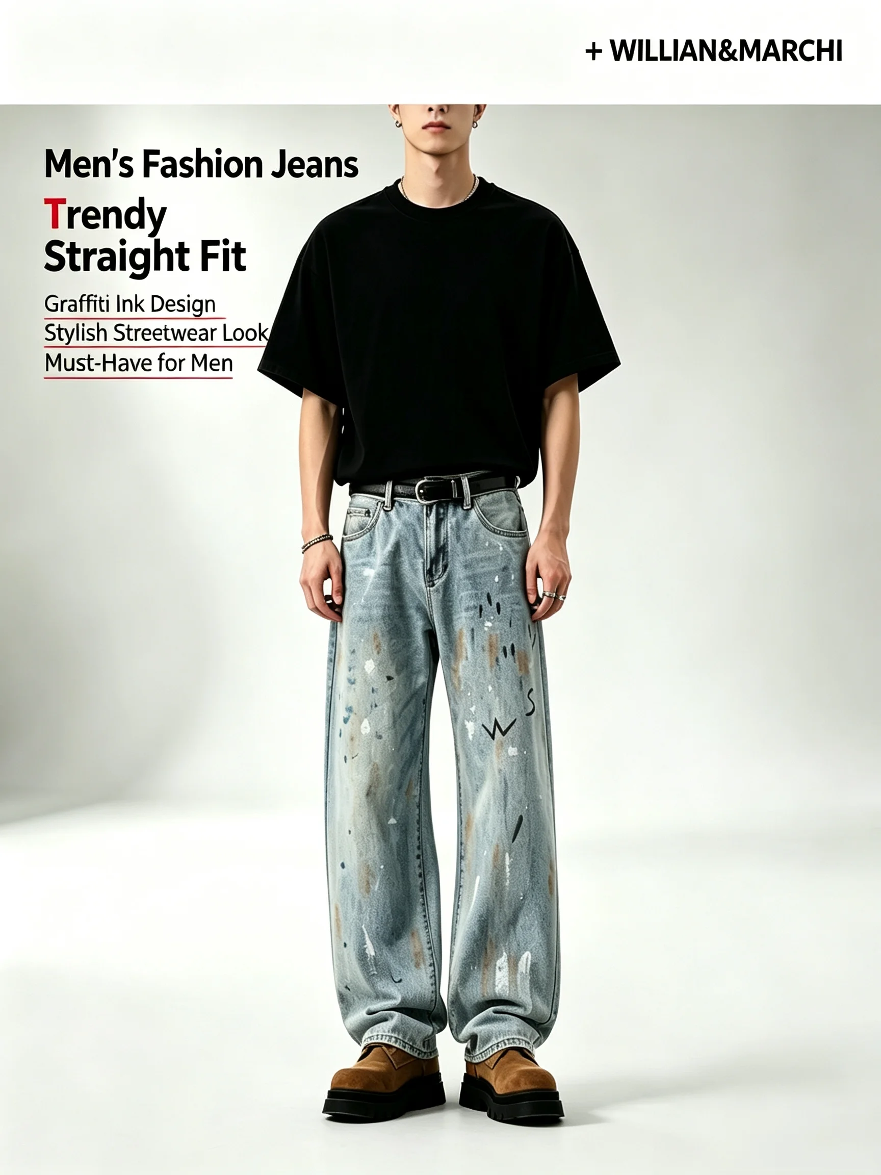 2026 New Men's Jeans, Ink-Splash Personalized Design, Fashionable Trendy Men, Non-Stretch Loose Straight Pants, Youth Men's Jean