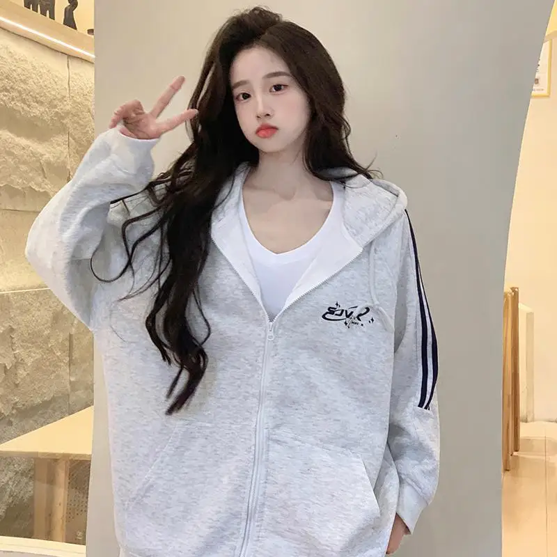 

Spring Autumn Hoodies Women Zipper Striped Loose Sweatshirt Hoodies Mid-length Double Pockets Plue Size Sweatshirts Casual Coat