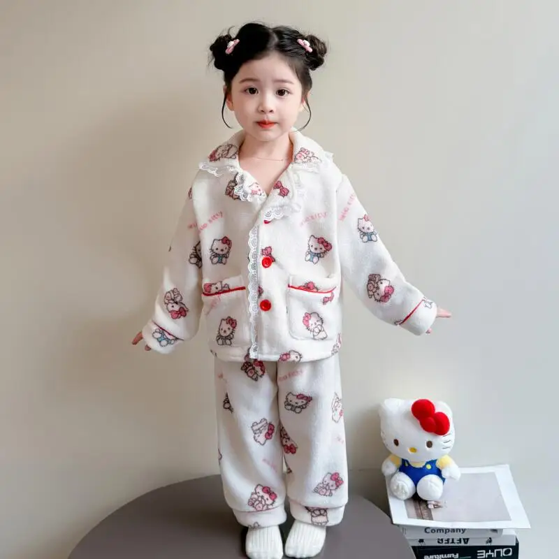 

Зимние пижамы Sanrio Hello Kitty, комплект из двух предметов, осенние теплые топы для девочек, брюки, детская кавайная мультяшная аниме, новая повседневная домашняя одежда