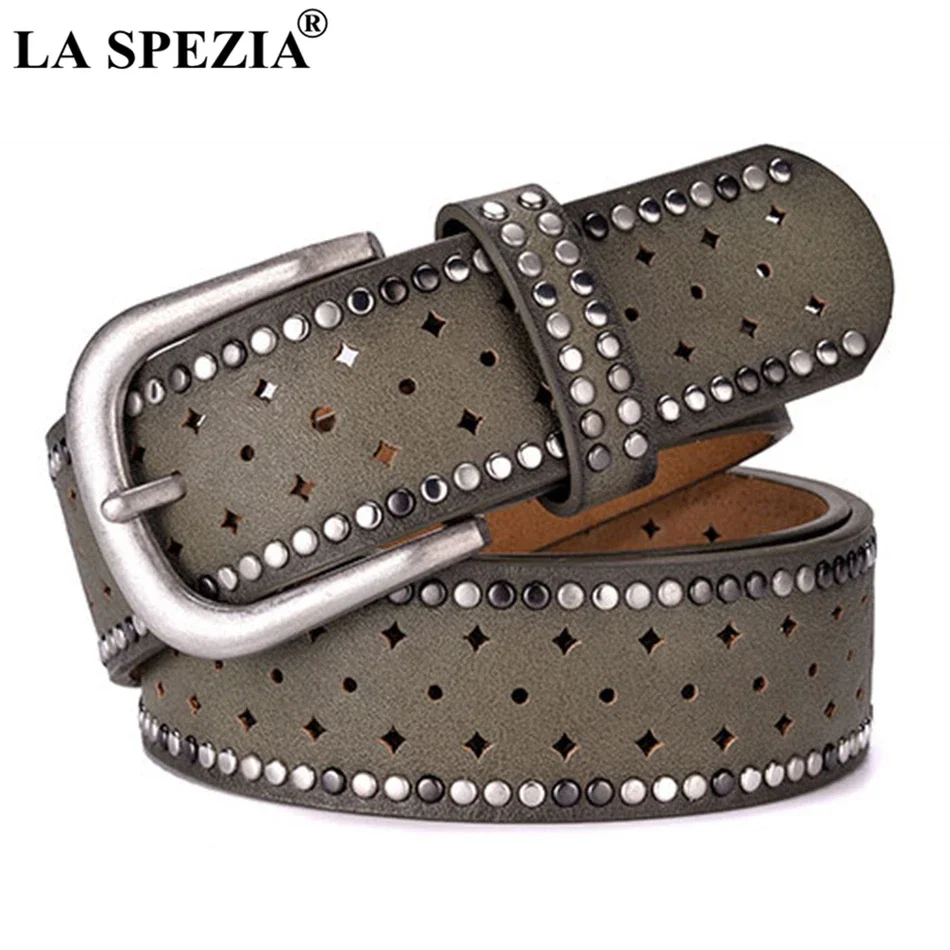 

LA SPEZIA 2024 PU Leather Green Women Belt Rivet Pin Buckle Belts for Trousers Female Navy Hollow Out Vintage Ladies Belt Design