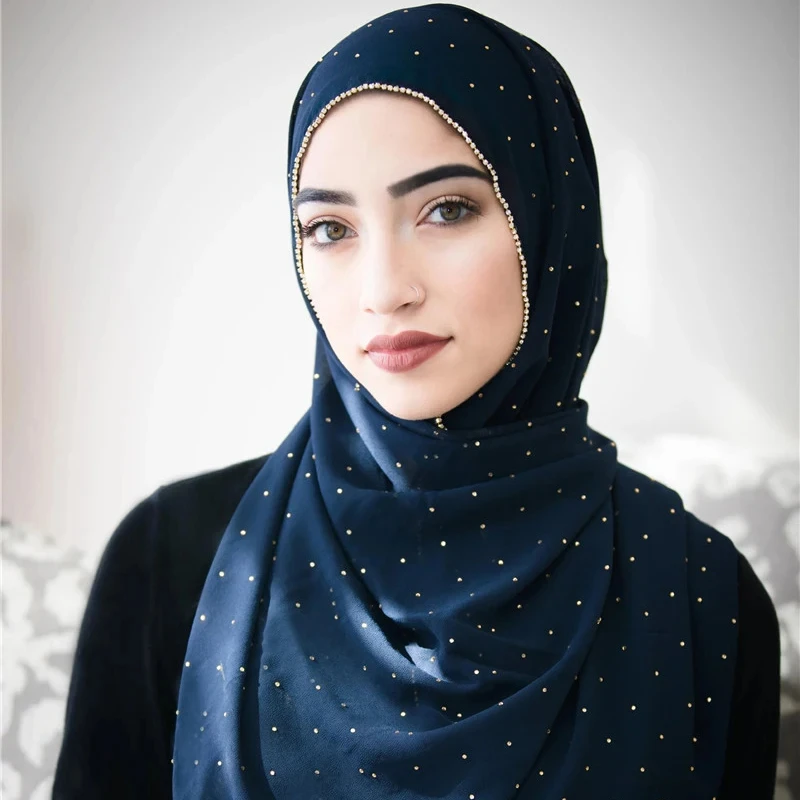 Pañuelo de gasa con cadena dorada para mujer, bufanda larga musulmana, Hijab musulmán, chal femenino, lujoso, sensación suave al tacto, novedad de