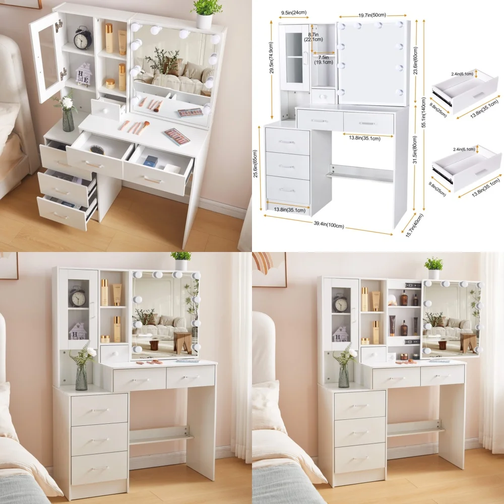 Tocador de maquillaje Escritorio de tocador moderno con 5 cajones y luces LED para maquillaje y tocador