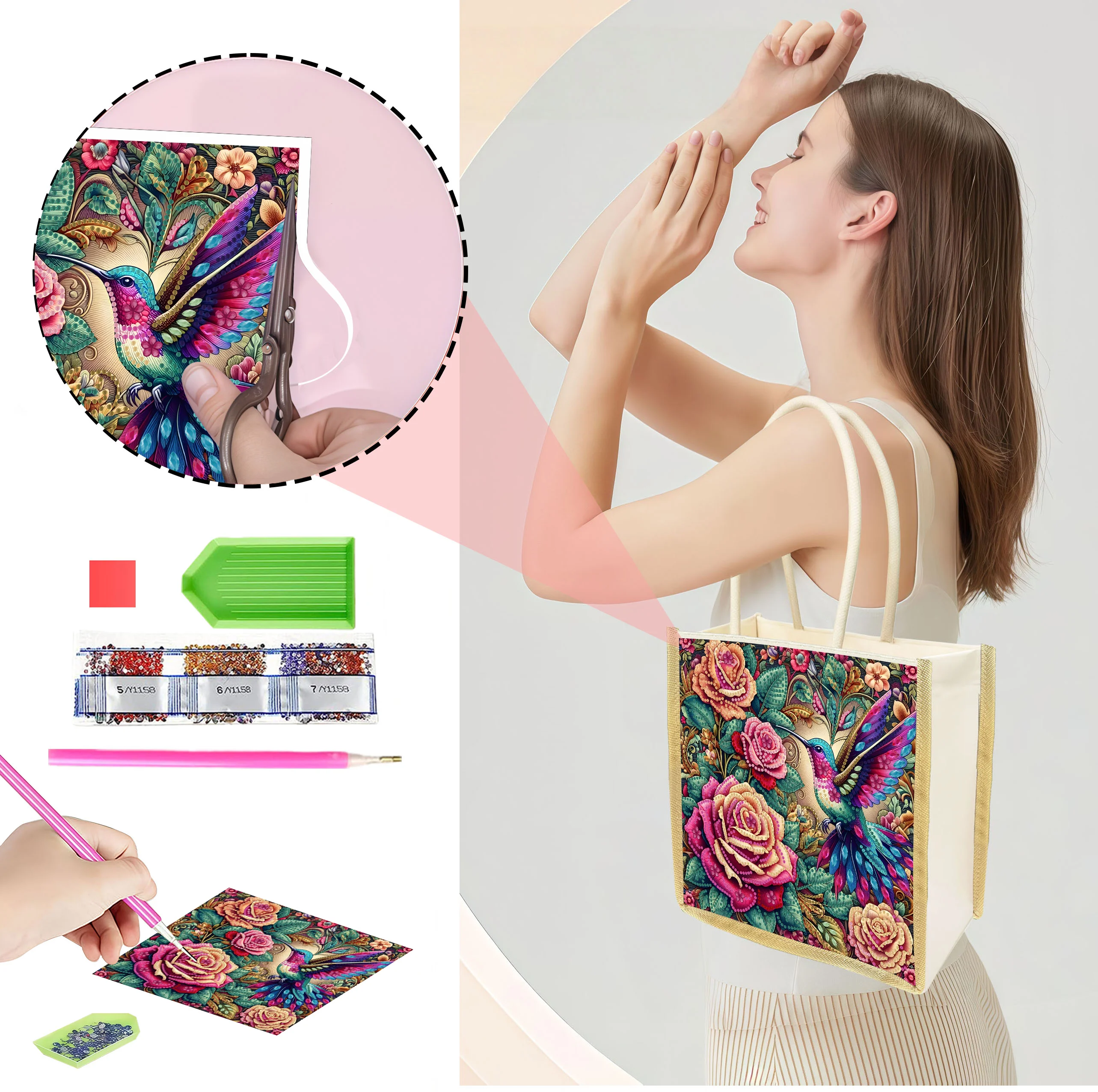 

Одна холщовая сумка для покупок с рисунком колибри в стиле алмазной мозаики, идеально подходит для портативных путешествий и хранения повседневных покупок.