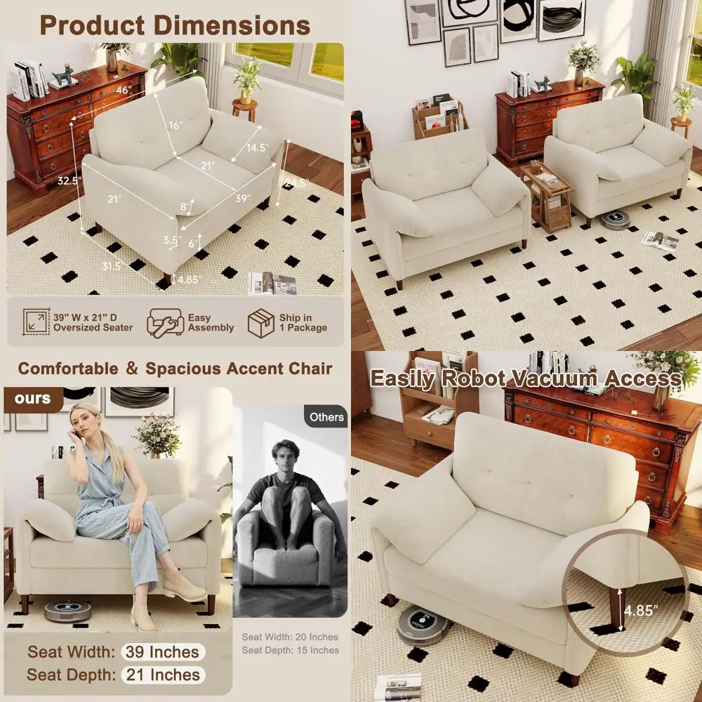 

Oversized Chenille Loveseat Sofa with Deep Seat for Living Room or Bedroom in Cream