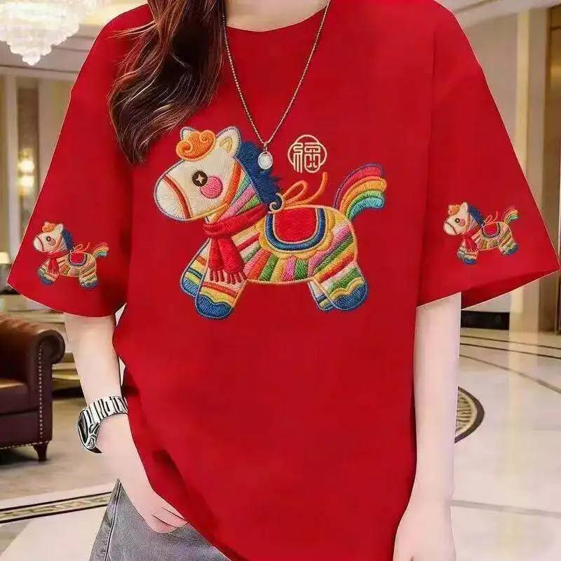 

Fashionable round Neck Short Sleeve Pure Color T-Shirt Women's Design Sensation Shoulder Top Breathable Polyester Fiber Sprin...