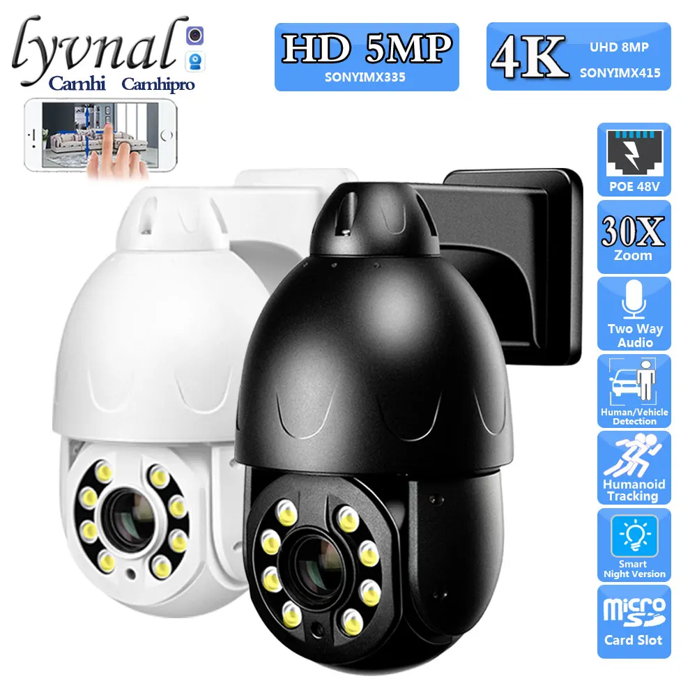 4K 8MP Sonyimx415 Security Surveillance IP Camera POE 48V PTZ Dome 30X Zoom Two Way Audio Human Tracking IR Color Night Vision