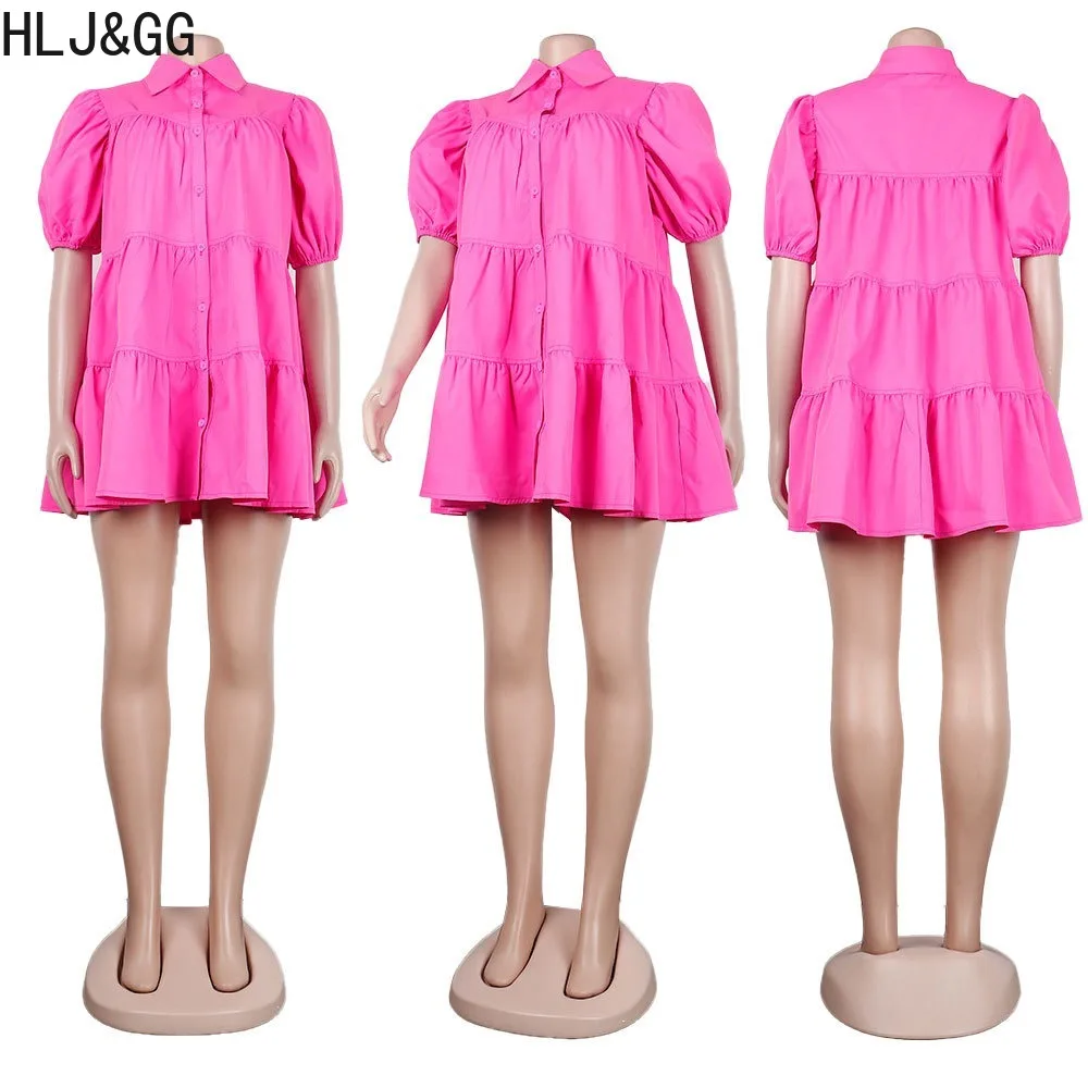 HLJ&GG Summer New Solid Color Ruched Loose A-line Dresses Women Turndown Collar Short Sleeve Vestidos Female Sweet Clothing 2024