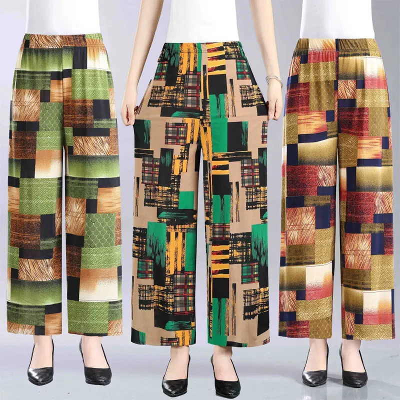 

Vintage Contrasting Colors Patchwork Printed Wide Leg Cropped Pants Female Clothing Summer Stylish High Waist Elastic Trousers