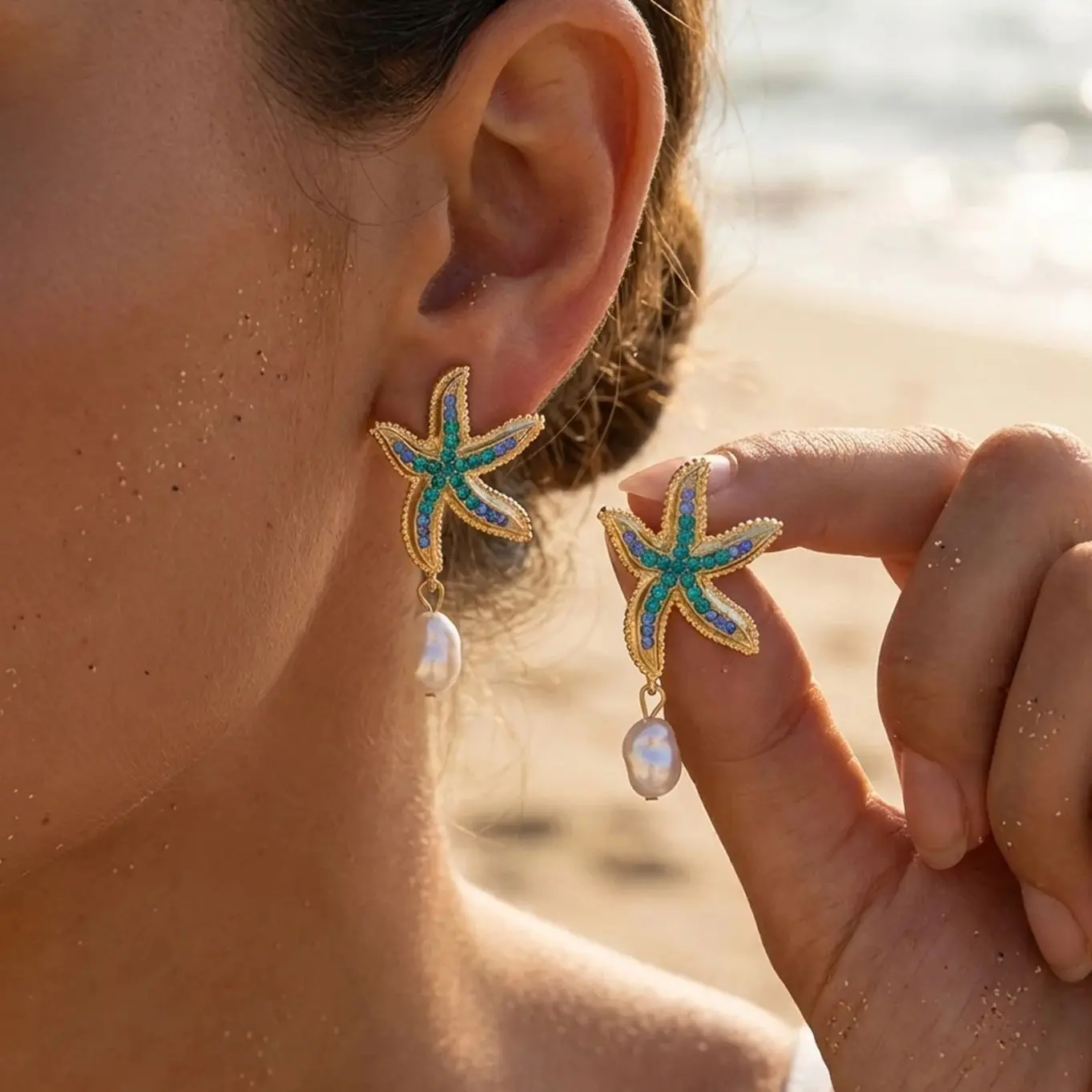 Trendige Barock-Imitationsperlen-Ohrhänger für Damen, Böhmische Blaue Strass-Seestern-Ohrstecker, Strand-Urlaubsschmuck