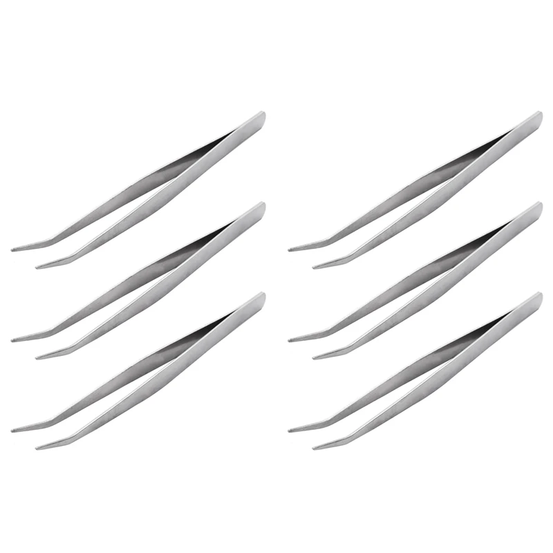 6Pcs 5.9 Inch Long Silver Tone Bent Curved Tip Tweezers Forceps Plier Hand Tool