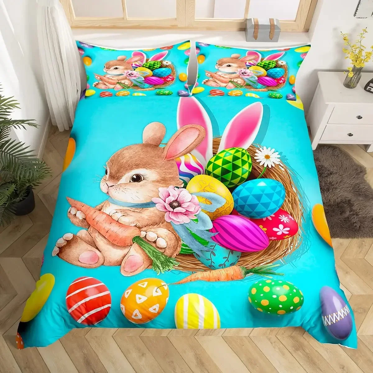 

Easter Duvet Cover Set Bunnies Bedding Set Easter Egg Nest Comforter Cover Cute Rabbit Pet Animal Quil Cover Large Easter Gifts