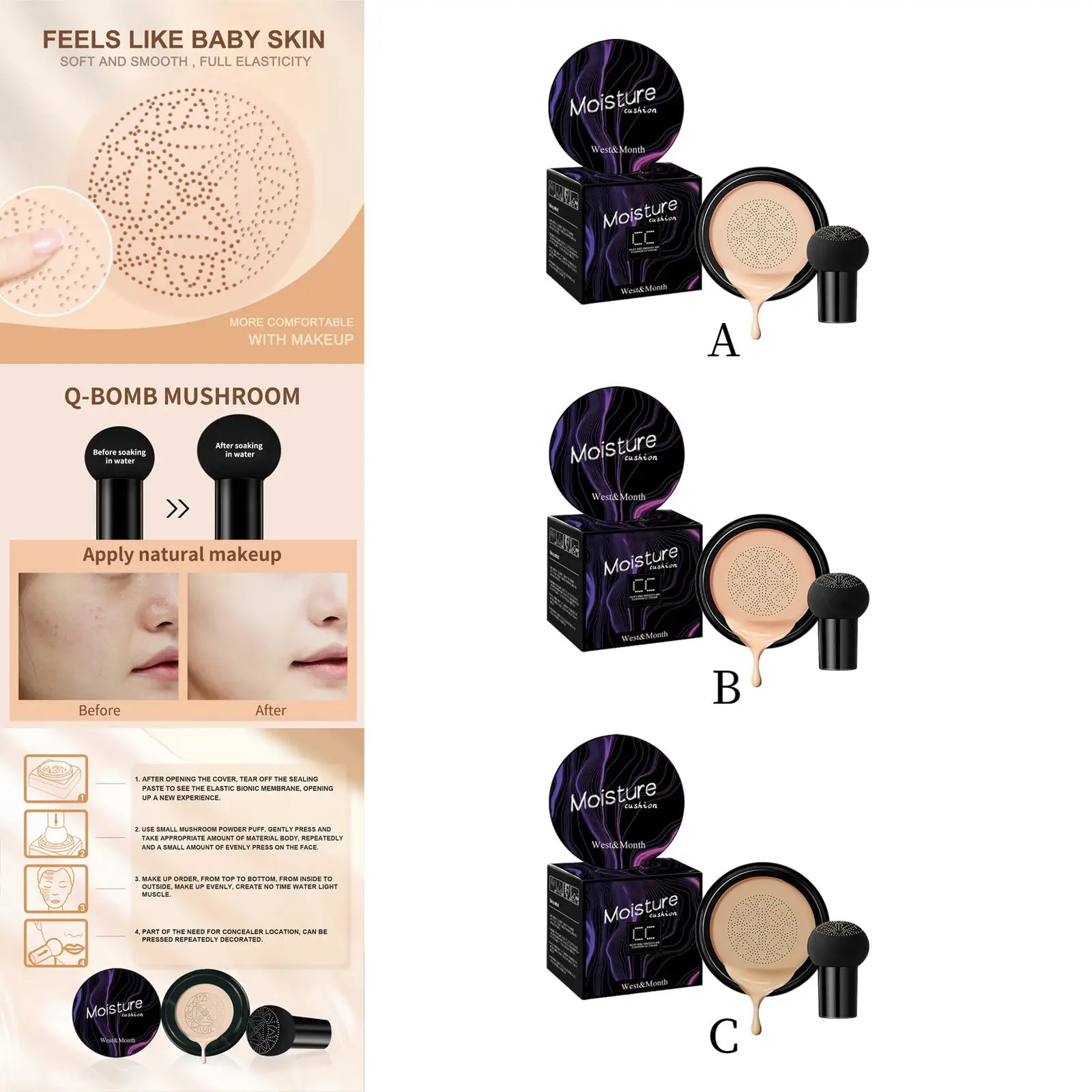 Mushroom Head Air Cushion cc Cream, Foundation Highlighting Conceal Flaws and Invisible Pores