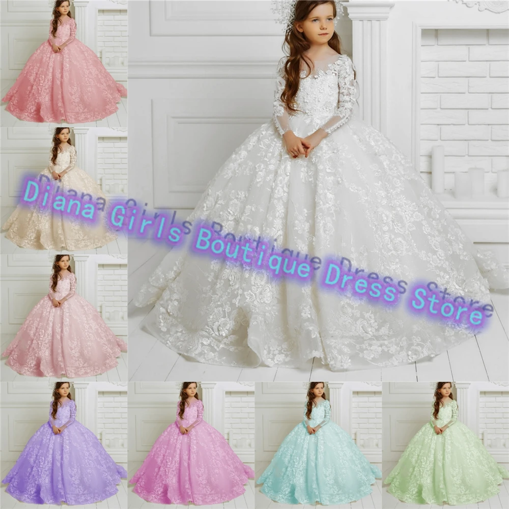 

Gorgeous White Flower Girl Dress Tulle Fluffy With Lace Applique for Wedding Little Girls Birthday Party Gowns Evening Dresses