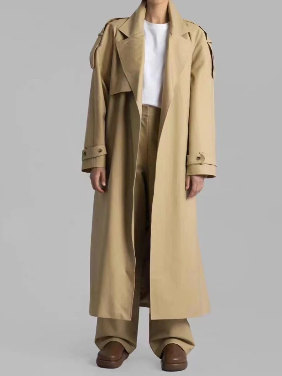 TWOTWINSTYLE Solid Loose Spliced Lace Up Trench for Women Lapel Long Sleeves Patchwork Pockets Fashion Coat Female Clothing New