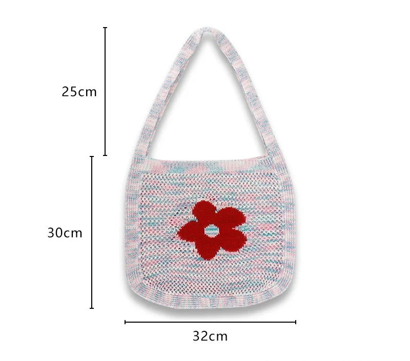 Female Korean Ins Trend Hyun A Style Crochet Granny Net Eyelet Handbag Aesthetic Cottage Gilr Floral Knitted Soft Slouchy Bag