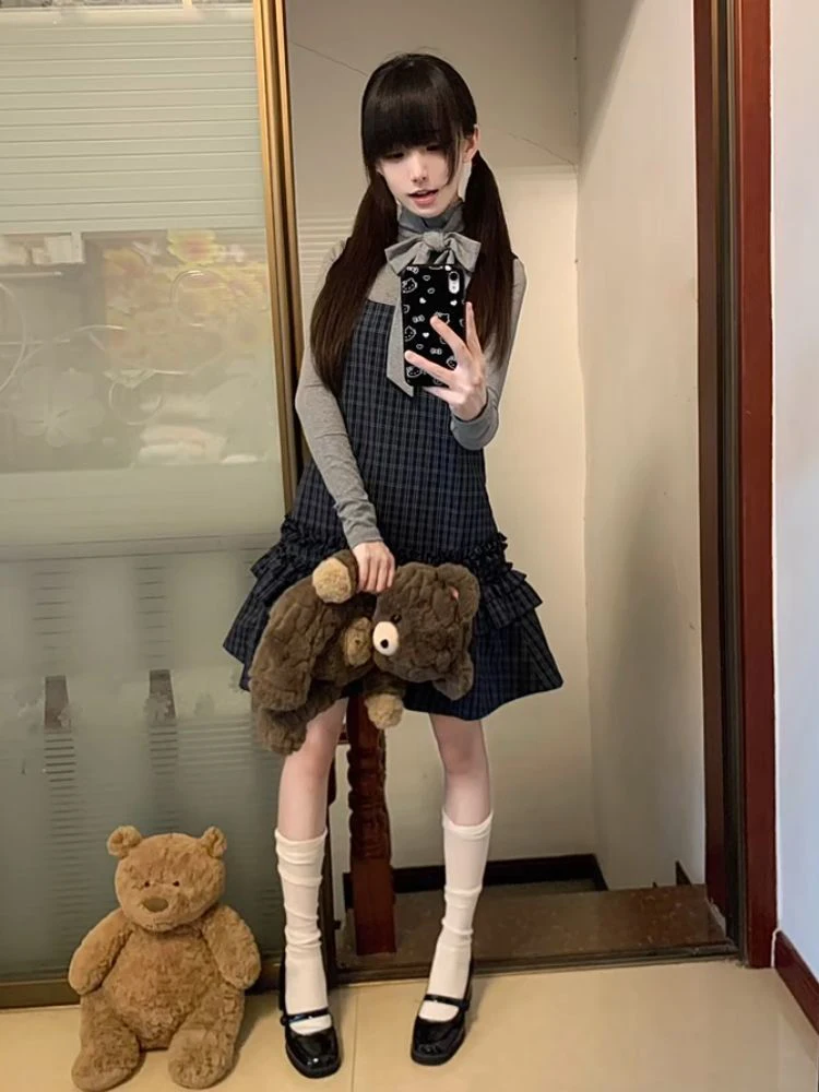 Conjunto de Dos Piezas de Vestido con Tirantes a Cuadros Estilo Coreano y Cseta Básica, Conjunto de Falda Entallada de Mod...