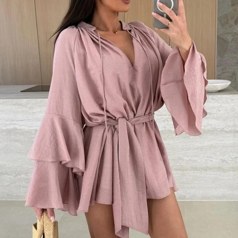 Sexy Deep V Lace Up Solid Color Women\'s Dress Spring Summer Ruffle Loose Mini Dress Casual Flare Sleeve Holiday Dresses Vestidos