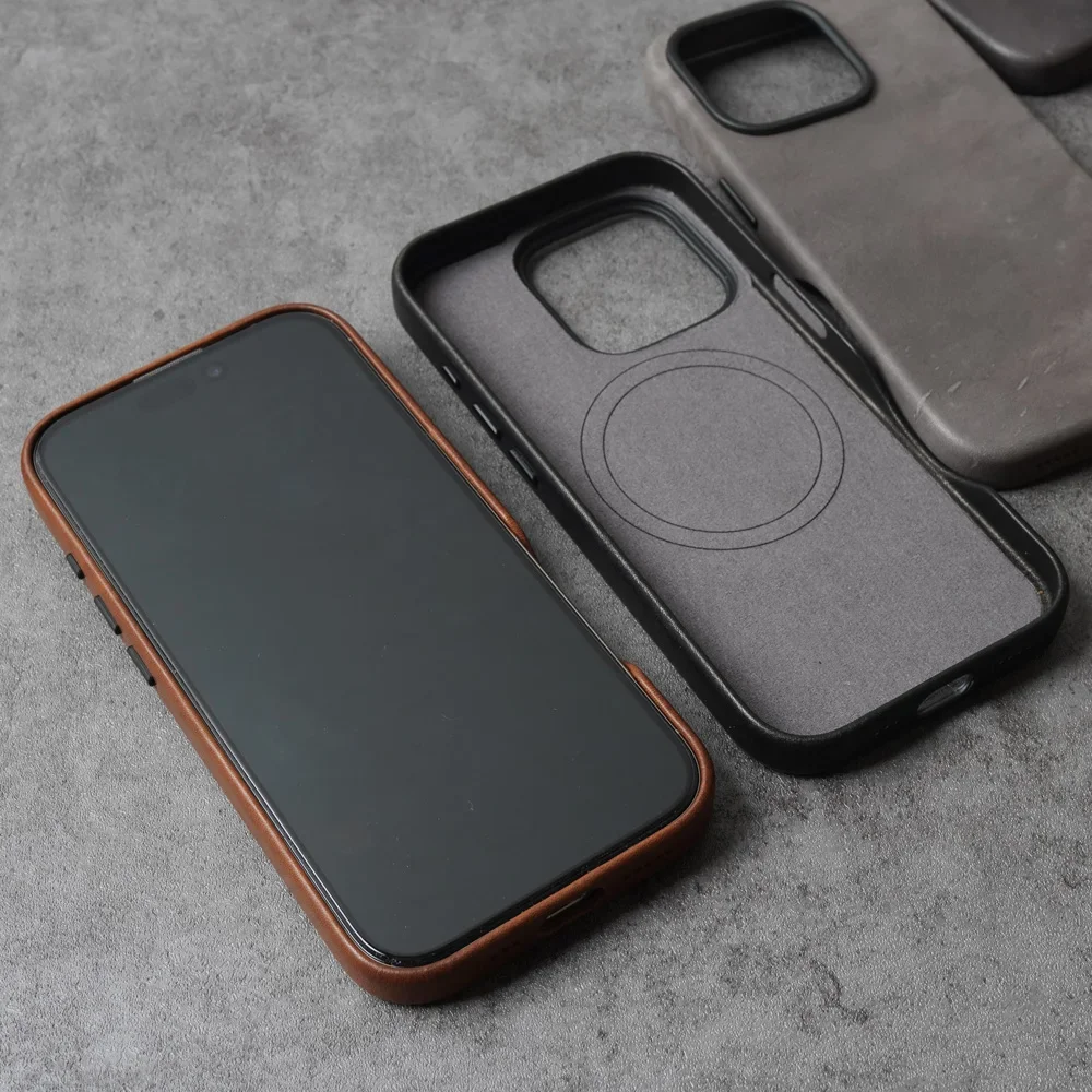 YMW Magnetic Scars Genuine Leather Case for iPhone 16 Pro Max 15 14 Personality Horsehide Magnetic Phone Cover