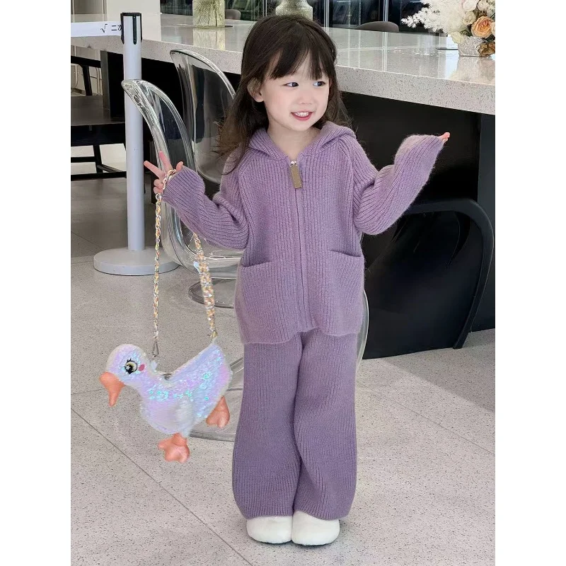 

Осенний вязаный свитер для девочек, комплект одежды для девочек, зимний корейский свитер, кардиган, брюки, детский комплект вязаных шерстяных брюк