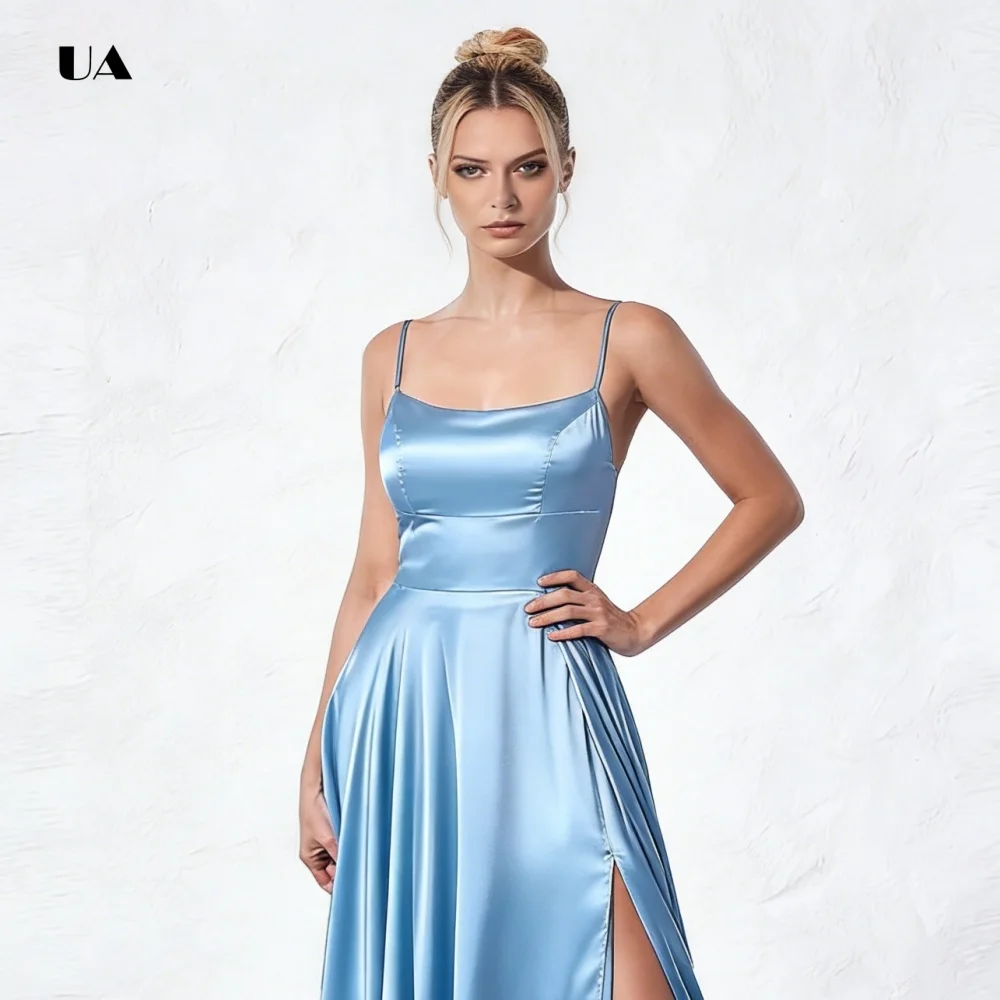 ULBYANRY Elegant A-line Prom Dress with Spaghetti Straps Solid Satin Slit Evening Dresses for Women Customized Draped Party Gown