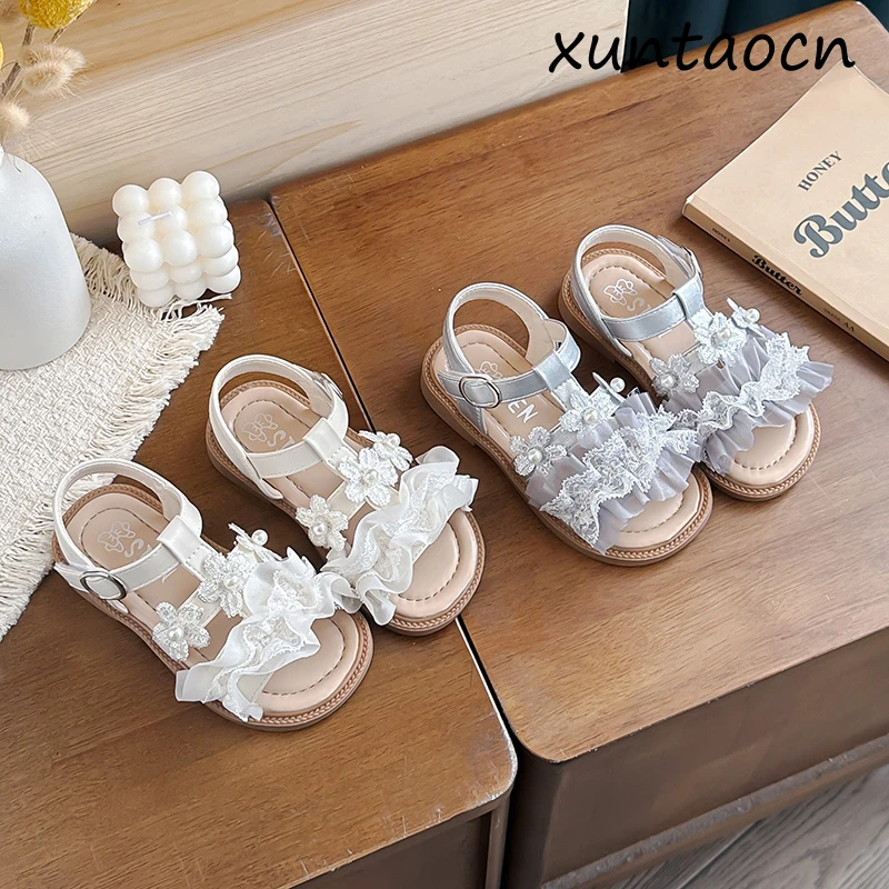

2026 Summer New Girl Princess Flat Sandals Bow Children's Formal Shoes Ruffle Children's Open toed Sandals Wedding Party