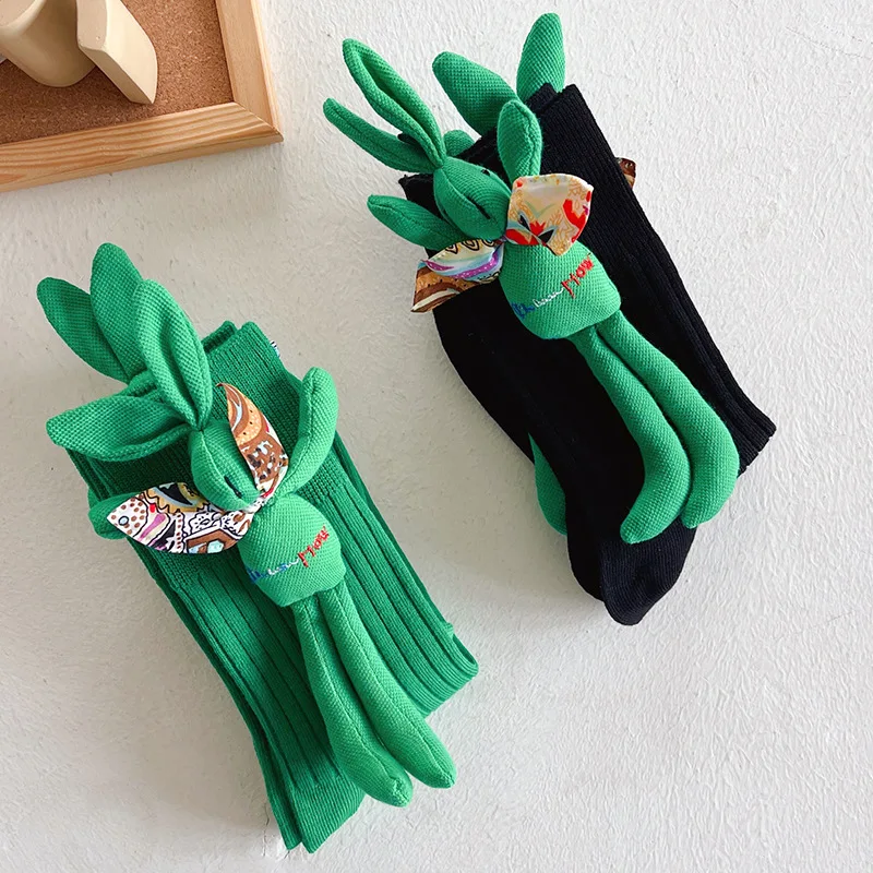 Spring/Summer Detachable European Black Rabbit Embroidery Pure Cotton Mid tube Socks Jewelry Green Three Dimensional Stacked