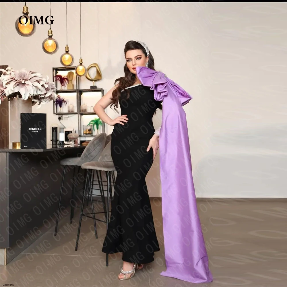 

OIMG Black Purple Stretch Satin Long Party Dresses One Shoulder Bow Dubai Arabic Evening Gowns Night Club Dress Robe de soiree