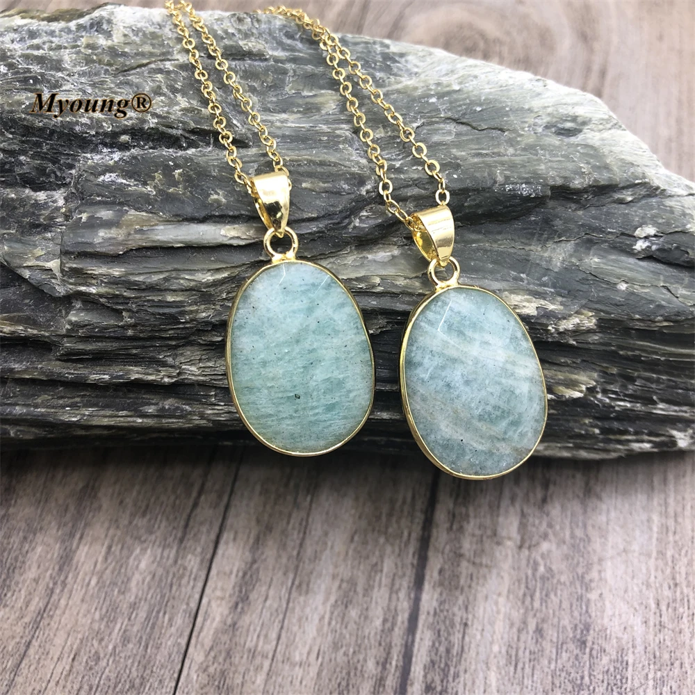 Romantic Gold Color Copper Chains Natural Blue Amazonite Stone Pendant Necklace For Women MY220637