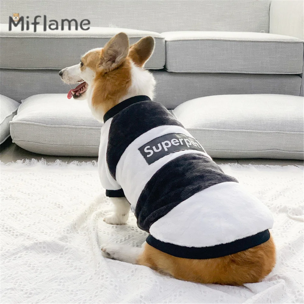 Miflame Pet Autumn Winter Anti-hair Clothes Small Medium Dogs Thickened Plush Warm Sweater Corgi Gray White Patchwork Pullover