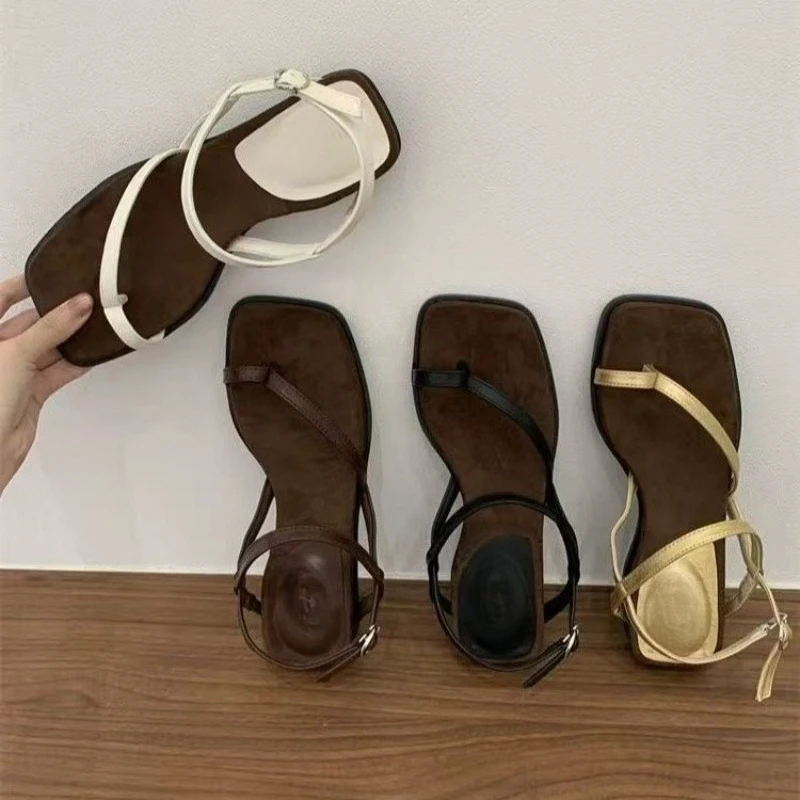 

French Temperament Buckle Clip Toe Sandals for Women 2026 New Wedge Heel Square Toe Roman Shoes