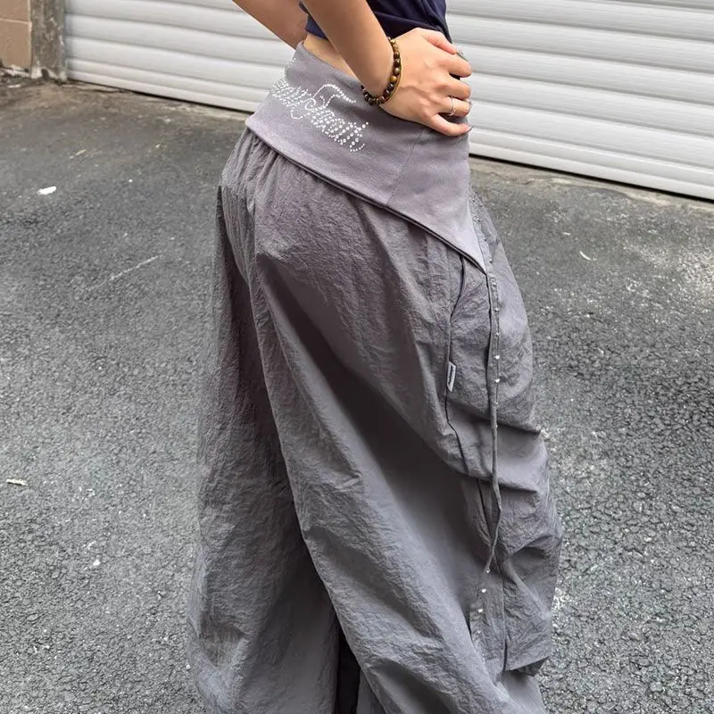 Deeptown Vintage Letter Women Cargo Pant Wide Leg Hip Hop American Style Parachute Pants Loose Grunge Trousers Streetwear Casual