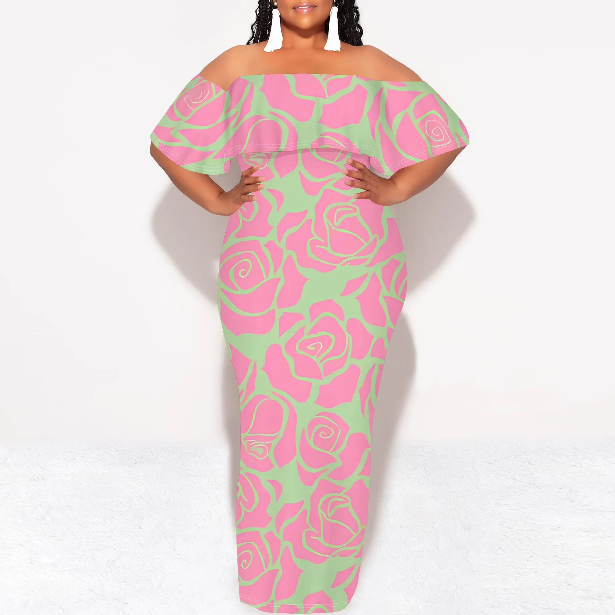 Nupusa Rose Print Off Shoulder Maxi Dress Women Summer Bodycon Long Dress Vintage Party Wear