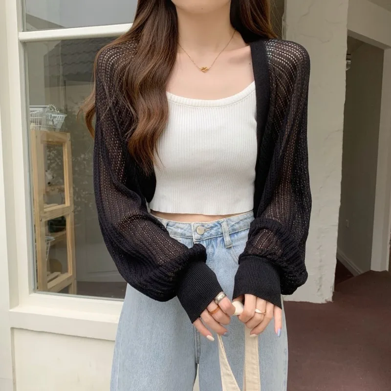 

. Women's Sheer Mesh Cropped Shrug Ice Silk Knitted Sun-Proof Cardigan Puff Sleeve Bolero Shawl Waistcoat Outer Match