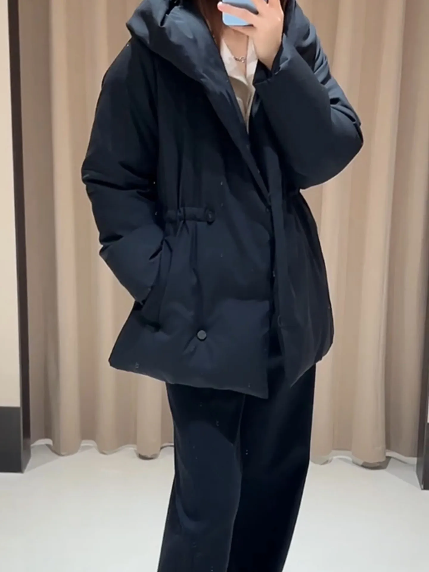 Ele Bla Daunenjaet-Taillen-Cinching-Wintermantel für Damen mit Kapuze, mittellang, Sli Thiened Oberbekleidung, Pendler-Sle