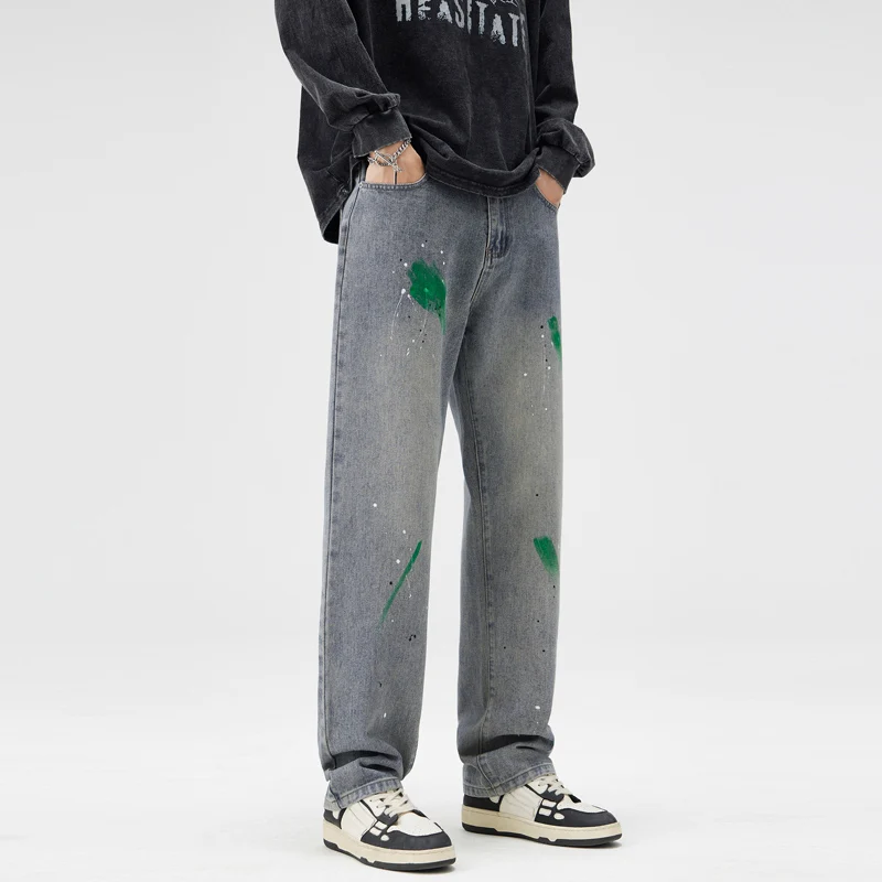 Fashion Paint-dot Vintage Jeans Men Personalized Splash-ink Distressed Elastic Waist Baggy Straight Denim Trousers Streetwear