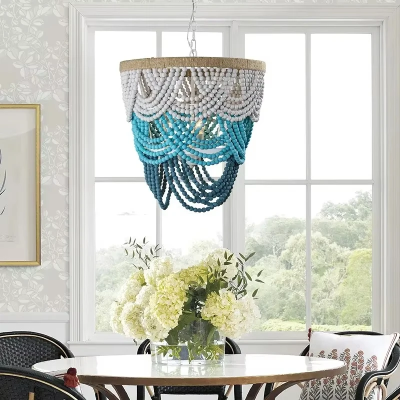 

Bohemian Style Ceiling Lamp Pastoral Wooden Bead Design Chandelier Living Room Light Dining Room Bedroom Light Girl Room Decor
