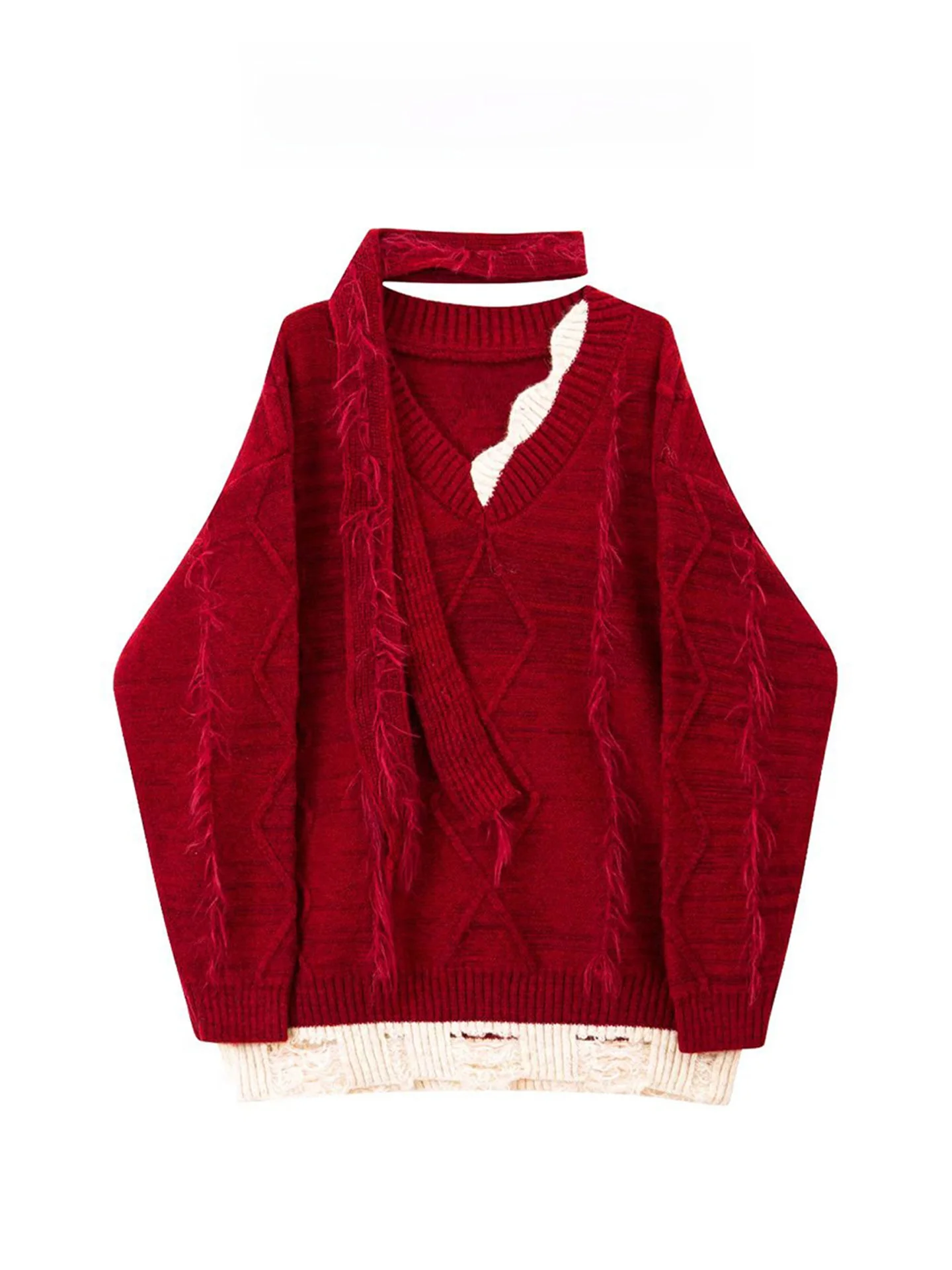

Cisas New Year Red Knitted Sweater Women's Autumn Winter Loose Fit V-Ne Tassel Twist Netie Soft Comfortable Top