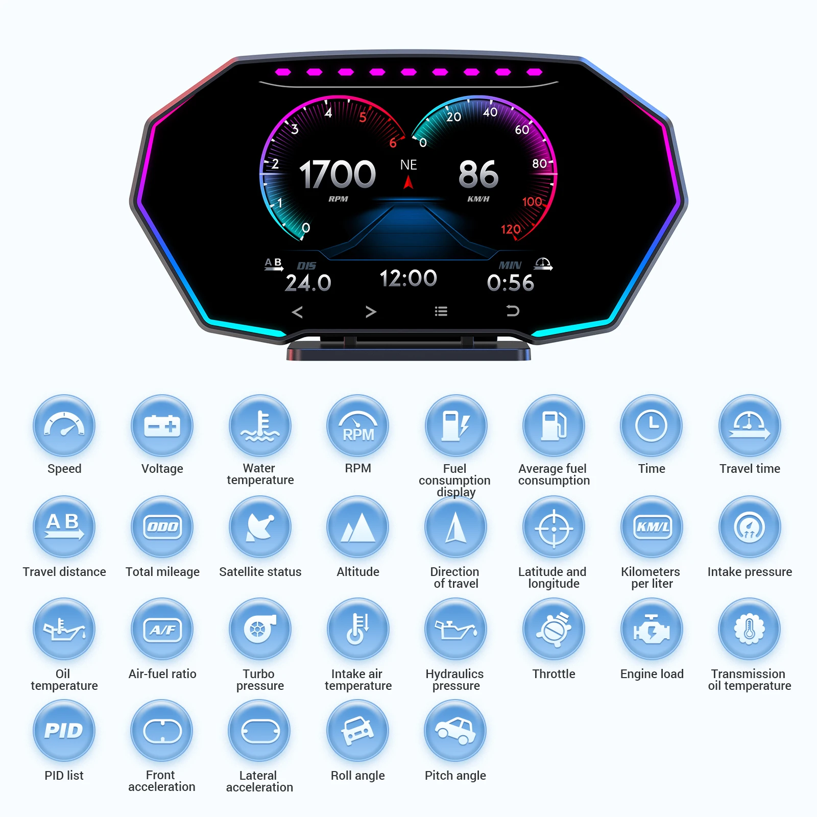 Obd2 + GPS + المنحدر متر + مقياس التسارع HUD F11 رئيس يصل عرض عداد السرعة RPM درجة الحرارة الجهد السرعة الزائدة إنذار AFR ضغط التوربينات