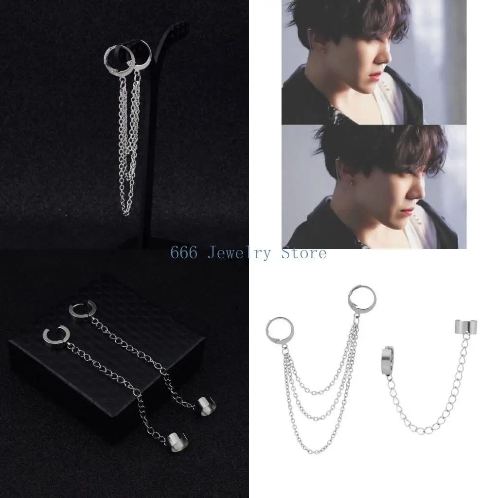 F2TD Elegant Silver Dangle Earring Korean Fashion Boys Album Ear Clips Earring Jewelry Accessories for Women Men Daily Wear