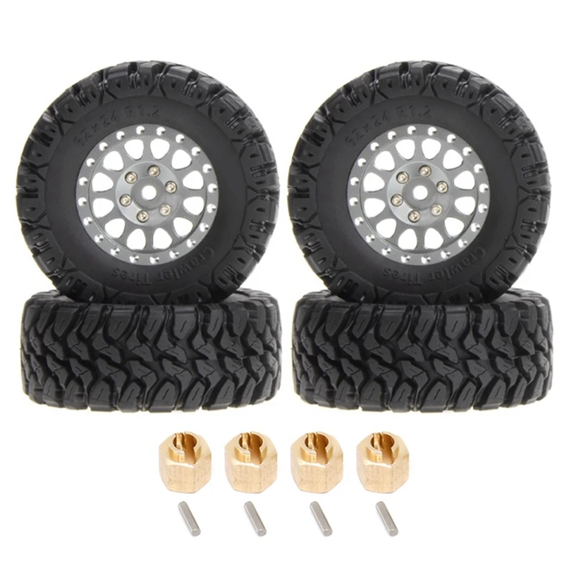 

X18A-4Pcs 62X24mm 1.2 Inch Metal Beadlock Wheel Rim Tire Set For 1/18 1/24 RC Crawler Car TRX4M Axial SCX24 AX24 FCX24