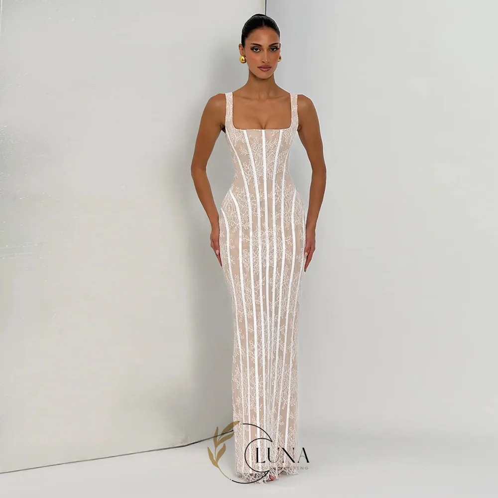 Luna Customized Sheath Lace Wedding Dresses Sleeveless Square Collar Floor-Length Bridal Gown Vestidos De Novia Corset Back